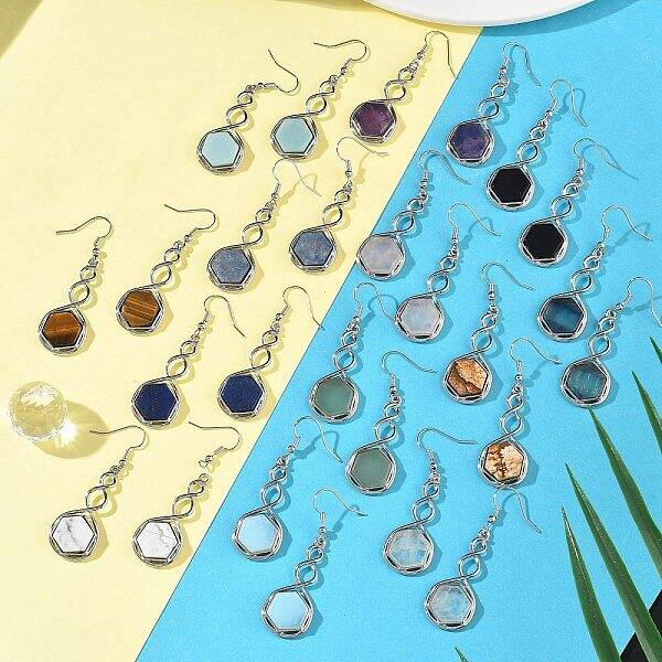 Hexagon Natural Mixed Stone Dangle Earrings