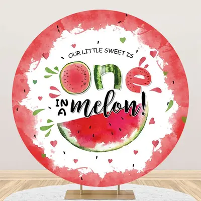 White Red One In A Melon Round Birthday Backdrop