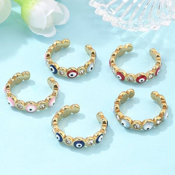 PVD Vacuum Plating 304 Stainless Steel Enamel Evil Eye Open Cuff Rings