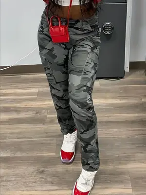 Y2K Camo Print High Waist Cargo Pants, Summer Outfits, Lady Fashion Comfort Multi-pocket Design Utility Pants for Everyd...