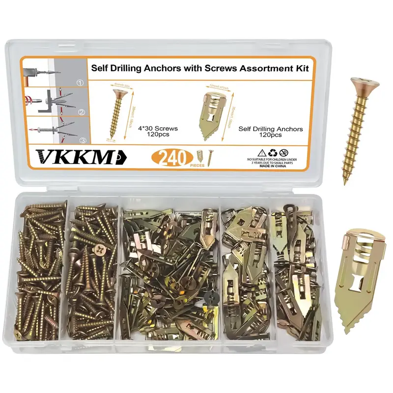 Self Drilling Anchor & Screw Set, Plastic Boxed Anchor & Screw Assortment Kit, Wall Hanging Fastener for Home & Office