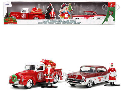 1941 Ford Pickup Truck Red and White Santas Workshop and 1957 Chevrolet Bel Air Red Metallic and White Express 25 with Mr. an...