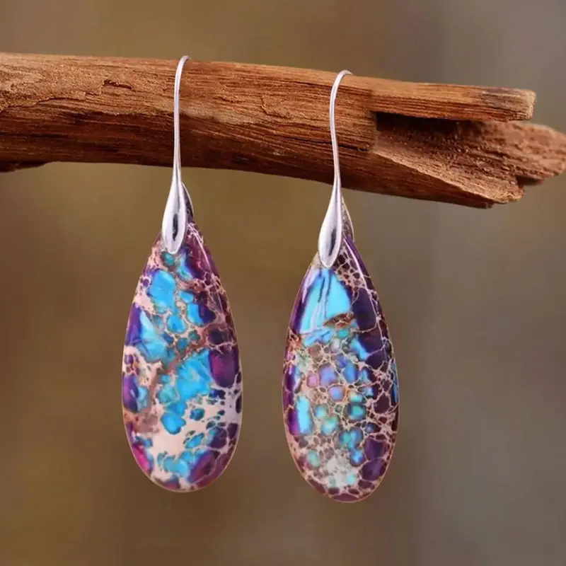 Natural Blue Purple Stone Drop Earrings Teardrop Dangle Earrings, Bohemia Droplet Earrings, Inner Peace Meditation Grounding ...