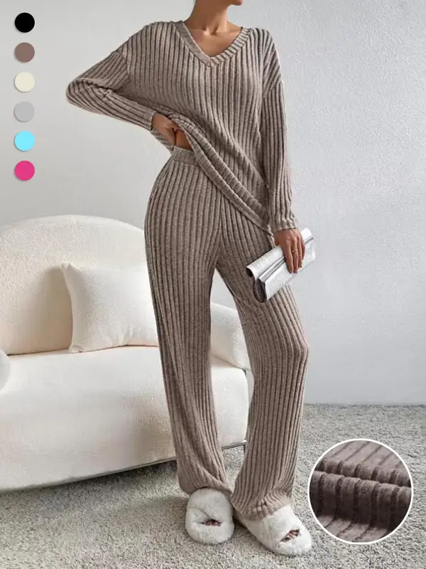 Women's Solid Drop Shoulder Pocket Lounge Set, Casual Long Sleeve V Neck Top & Straight Leg Pants Two-piece Set, Women's Slee...