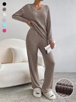 Women's Solid Drop Shoulder Pocket Lounge Set, Casual Long Sleeve V Neck Top & Straight Leg Pants Two-piece Set, Women Nightw...