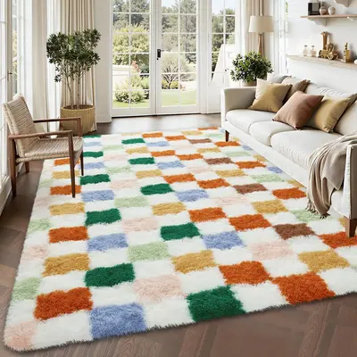 Garvee Washable Checkered 9x12 Area Rug for Living Room Colorful Modern Shag Rugs Thick Plush Fuzzy Rugs Non-Slip Large Plush...