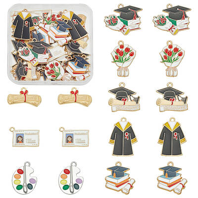 48Pcs 8 Styles Graduation Season Alloy Enamel Pendants