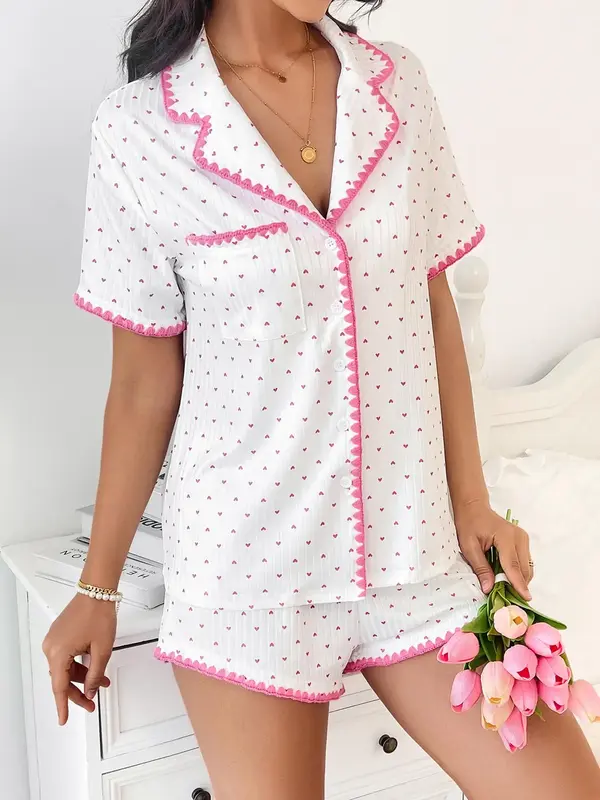 Two-piece Set Women's Heart Print Contrast Binding Pajama Set, Casual Button Front Sleep Top & Elastic Waist Pj Shorts, Summe...