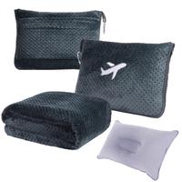 3 in 1 Travel Blanket Pillow Set - 350/280 GSM Thick Travel Blanket Airplane Compact with Bag, Soft Bag with a Pocket, Inflat...