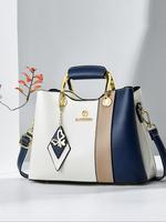 Women's Fashion Colorblock Patchwork Handbag, Casual Large Capacity Zipper Shoulder Bag with Butterfly Charm, Trendy Versatil...