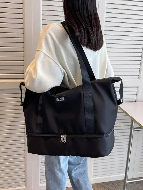 Large Capacity Dry and Wet Separation Travel Bag, Casual Solid Color Zipper Shoulder Bag, Fashionable Travel Bag for Women & ...