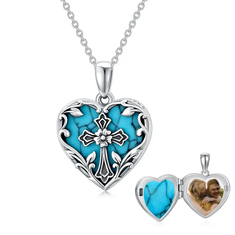 Sterling Silver Heart Turquoise Cross Personalized Photo Locket Necklace For Best Friend