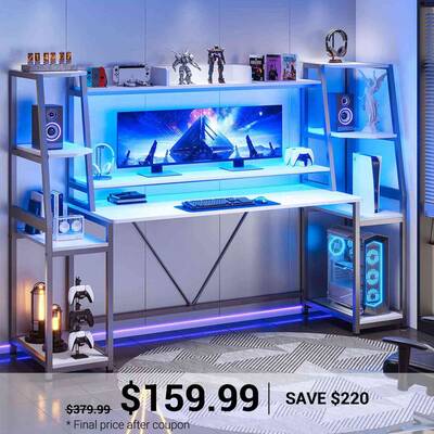 SEDETA 78.8 Inch Gaming Desk with LED Lights Hutch Storage Shelves White Home Office Furniture
