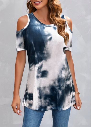 Modlily Tie Dye Print Cold Shoulder Navy T Shirt - M