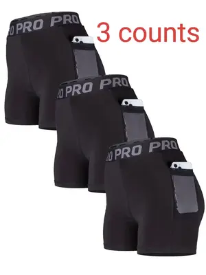 Women's 3pcs Letter Tape High Waist Sports Gym Shorts, Sporty Breathable Comfortable Pocket Design Shorts, Ladies Sportswear...