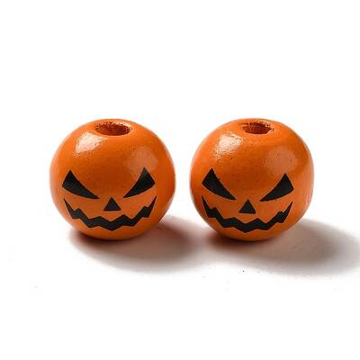 Printed Black Jack O Lantern Round Wood European Beads