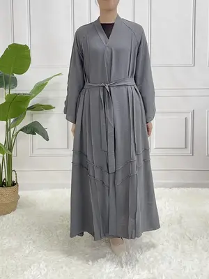 Arabic Clothing-Seam Detail Bell Sleeve V Neck Maxi Kaftan Dress with Belt, Plain Hidden Button Abaya Loose Long Arabian Dres...