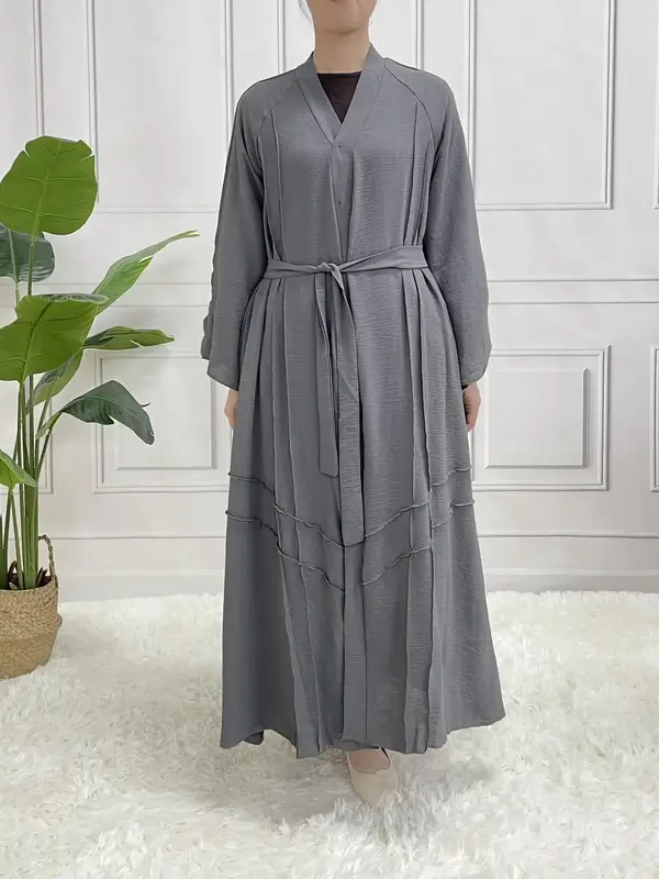 Arabic Clothing-Seam Detail Bell Sleeve V Neck Maxi Kaftan Dress with Belt, Plain Hidden Button Abaya Loose Long Arabian Dres...