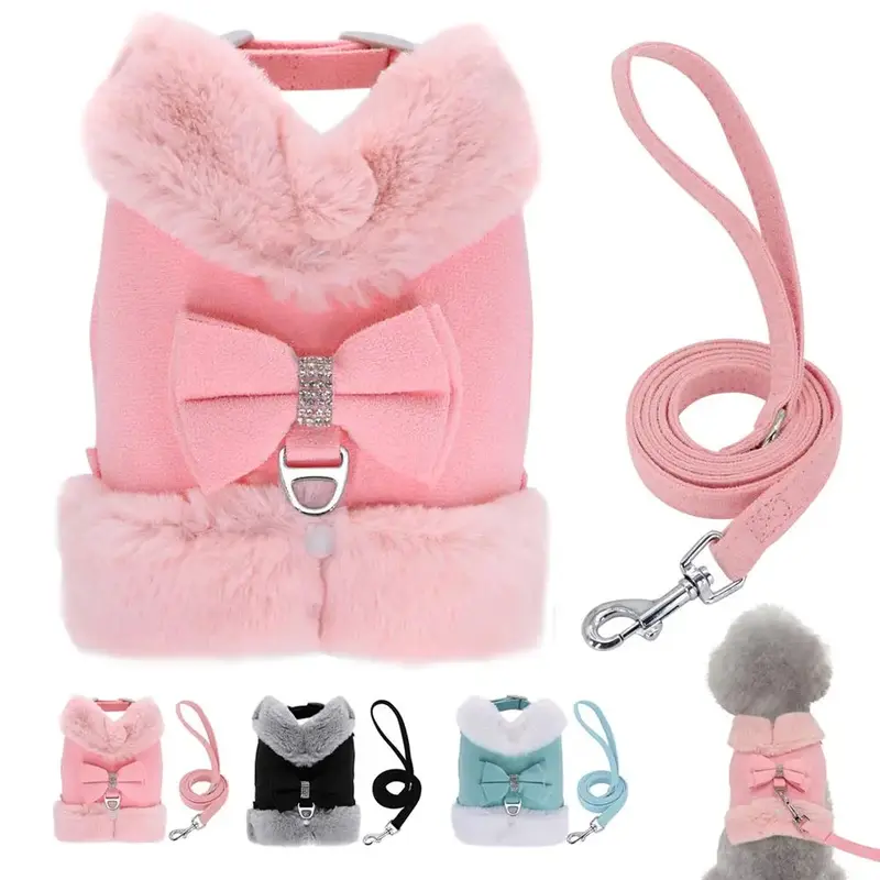 Cute Bowknot Design Dog Harness with Leash, 1 Set Thermal Lined Pet Chest Strap with Traction Rope, Pet Supplies for Small Me...