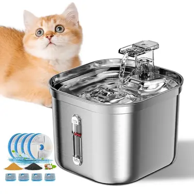 Stainless Steel Ultra-quiet Pump Cat Water Fountain, 2.2L Automatic Circulation Filter Cat Water Fountain, Visual Water Level...