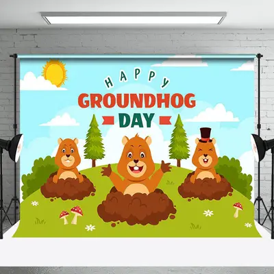 Grassfield Blue Sky Happy Groundhog Day Backdrop - Aperturee