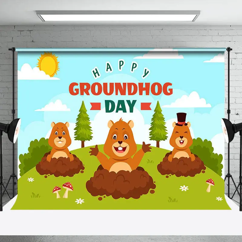 Grassfield Blue Sky Happy Groundhog Day Backdrop - Aperturee