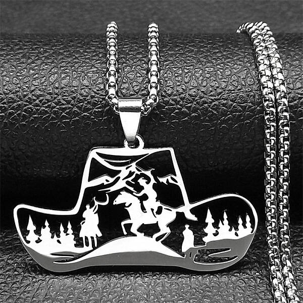 304 Stainless Steel Hollow Cowboy Hat Pendant Necklaces