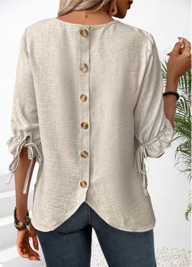 Modlily Beige Button Half Sleeve Round Neck Blouse - L