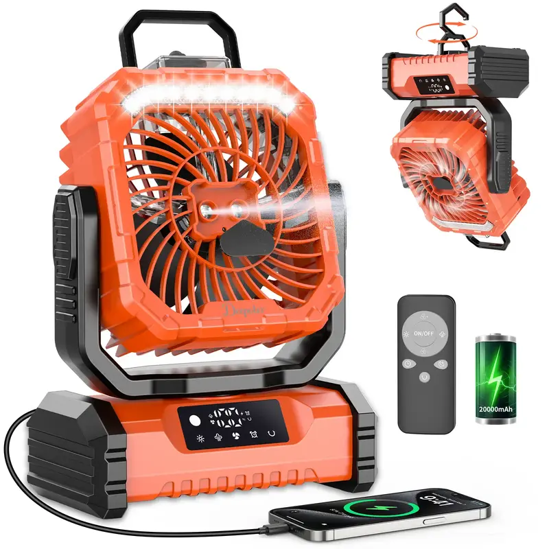 20000mAh Rechargeable Camping Fan with LED Light, Portable Multi-Function Fan with Spray Humidification, Shaking Head Emergen...