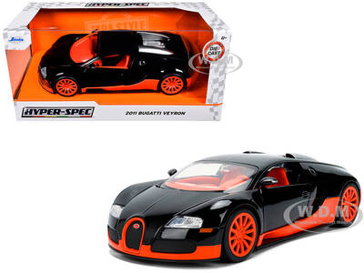 2011 Bugatti Veyron Black with Orange Accents and Orange Interior Hyper-Spec Series 1/24 Diecast Model Car by Jada