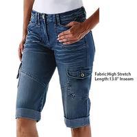 Flamingals Flap Pocket Roll Hem Bermuda Denim Shorts Jean Blue Comfort High Stretch Women's Bottoms Style 13.0\