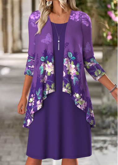 Modlily Purple Tummy Coverage Floral Print Dress and Cardigan - M