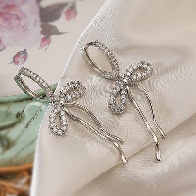 Bowknot Brass Micro Pave Clear Cubic Zirconia Hoop Earrings for Women