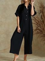 Women's Solid Half Button Wide Leg Jumpsuit, Modest Casual Breathable Baggy Loose Fit Half Sleeve Collared Jumpsuit for Summe...