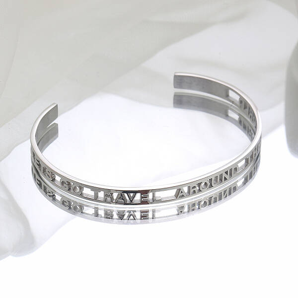 Non-Tarnish Stylish Stainless Steel Hollow Letter Open Cuff Bangles for Women's Daily Wear