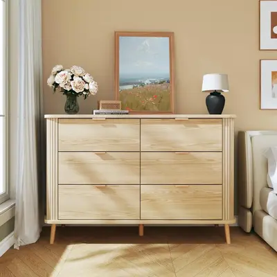 Fluted 6 Drawers Dresser for Bedroom, Mid Century Modern Closet Dresser & Chests of Drawers, Curved Profile Design, Dresser T...