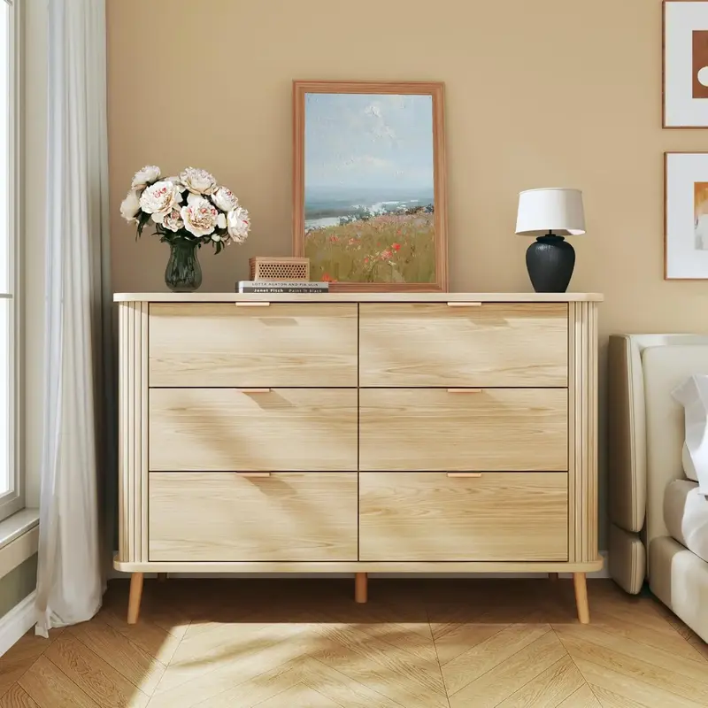 Fluted 6 Drawers Dresser for Bedroom, Mid Century Modern Closet Dresser & Chests of Drawers, Curved Profile Design, Dresser T...