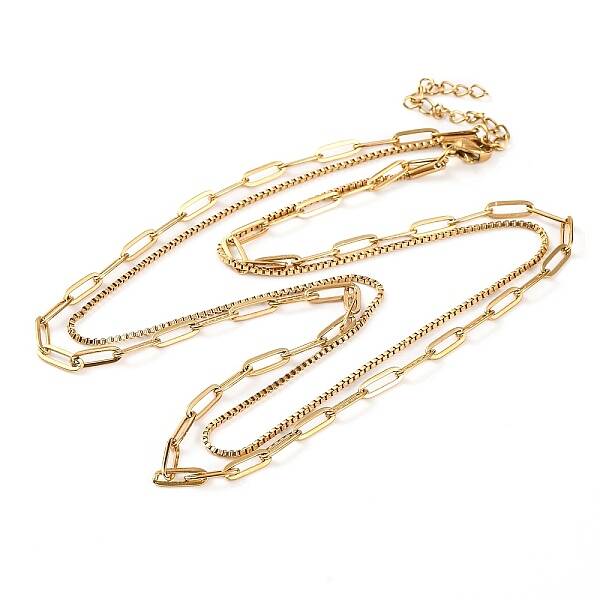 304 Stainless Steel Double Layer Round Box Chains & Paperclip Chain Necklaces for Women