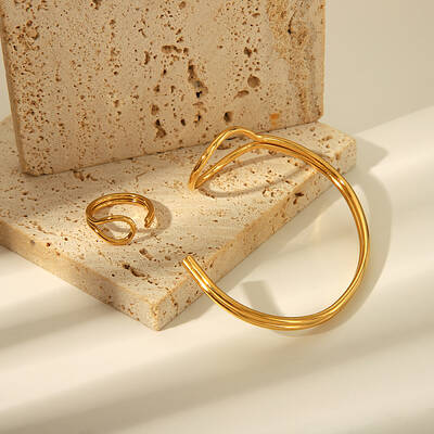 Stylish Stainless Steel Cuff Bangle & Ring Set for Women's Summer Accessories