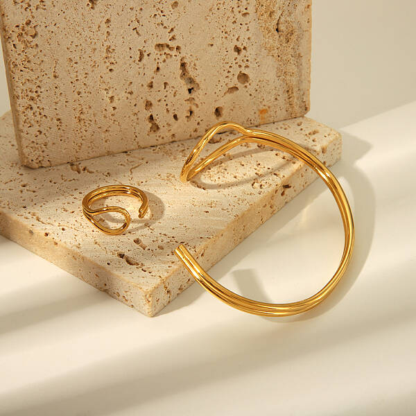 Stylish Stainless Steel Cuff Bangle & Ring Set for Women's Summer Accessories