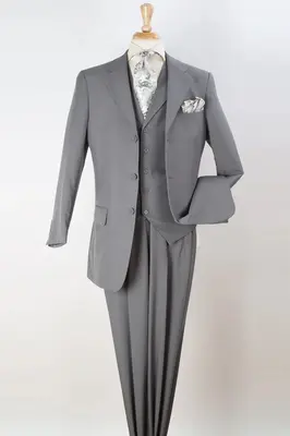 Classic Fit Men's Three Button Vested Suit - Light Grey