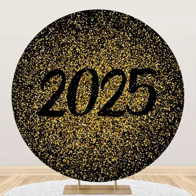 Aperturee Golden Glitter 2025 Happy New Year Round Backdrop