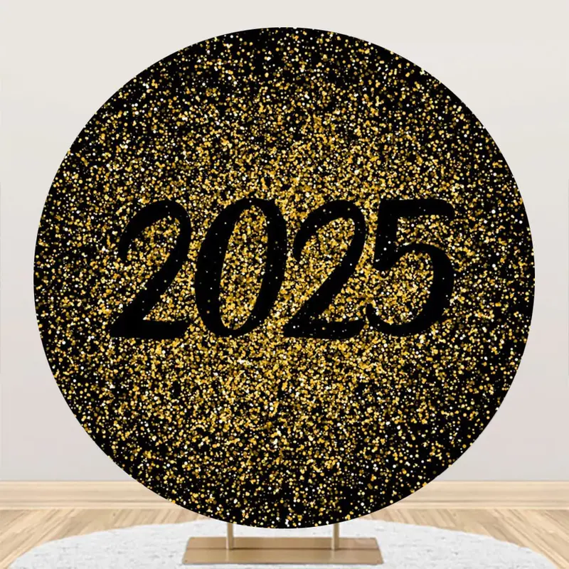 Aperturee Golden Glitter 2025 Happy New Year Round Backdrop