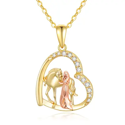 14K Gold & Rose Gold Heart Cubic Zirconia Horse Pendant Necklace For Women Best Friends