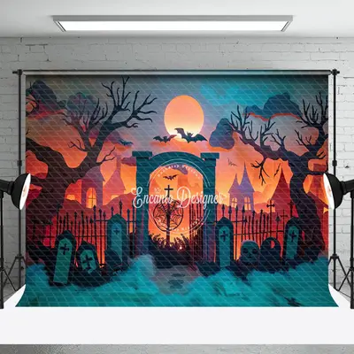 Aperturee Dark Moon Night Cemetery Foggy Halloween Backdrop - Aperturee