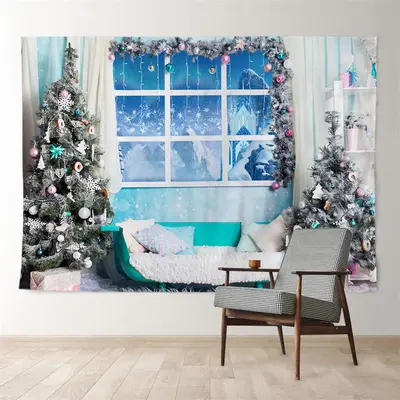 Aperturee Blue Theme Winter Room Snowy Tree Xmas Backdrop