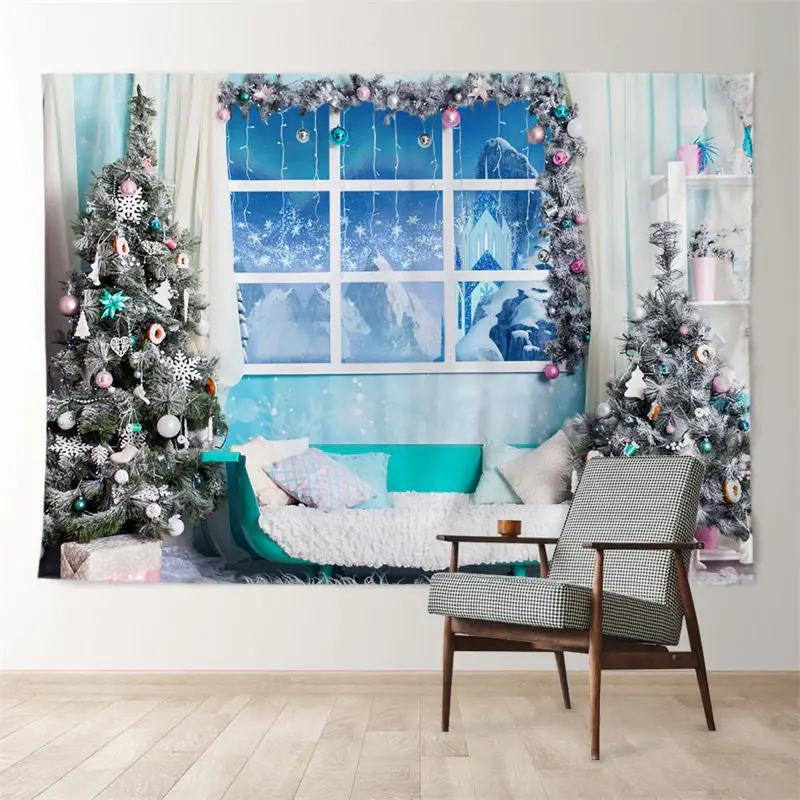Aperturee Blue Theme Winter Room Snowy Tree Xmas Backdrop