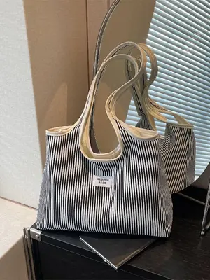 Women's Striped Pattern Tote Bag, Casual Large Capacity Shoulder Bag for Daily Used, Trendy Versatile High-quality Daily Comm...