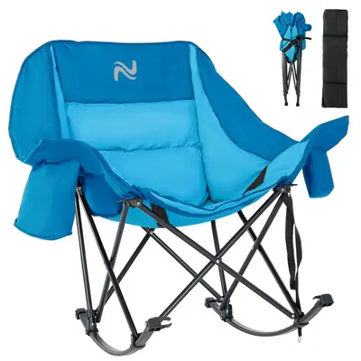 Naudacaa 400 lbs Oversized Rocking Camping Chair, Fully Padded Foldable Outdoor Recliner with Cooler Bag & Side Pocket, Porta...