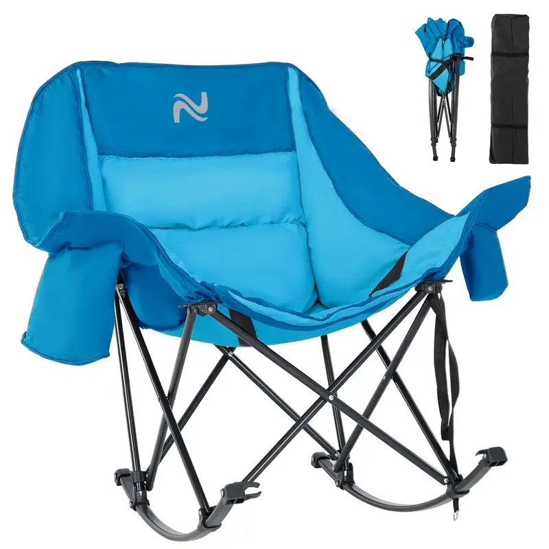 Naudacaa 400 lbs Oversized Rocking Camping Chair, Fully Padded Foldable Outdoor Recliner with Cooler Bag & Side Pocket, Porta...